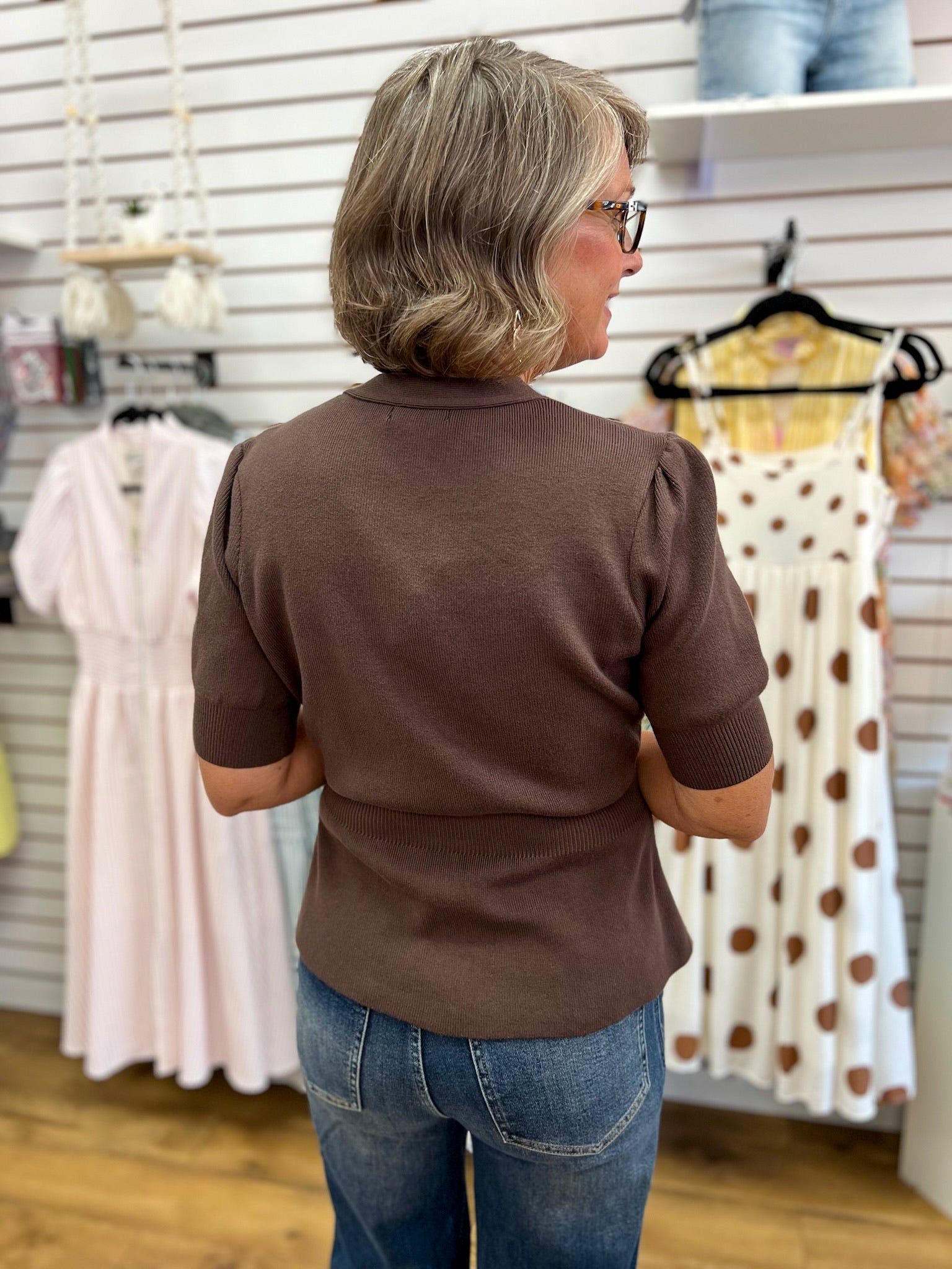 Chocolate Brown Ribbed Short Sleeve Cardigan with Gold Buttons - A'Bekah's Boutique