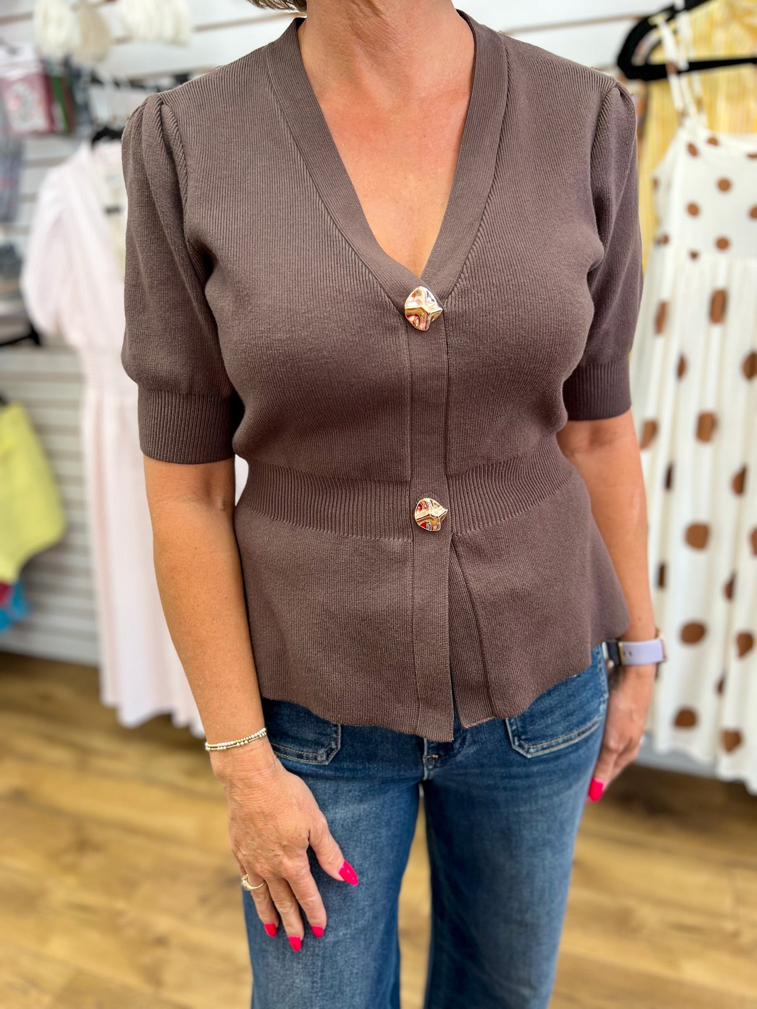 Chocolate Brown Ribbed Short Sleeve Cardigan with Gold Buttons - A'Bekah's Boutique