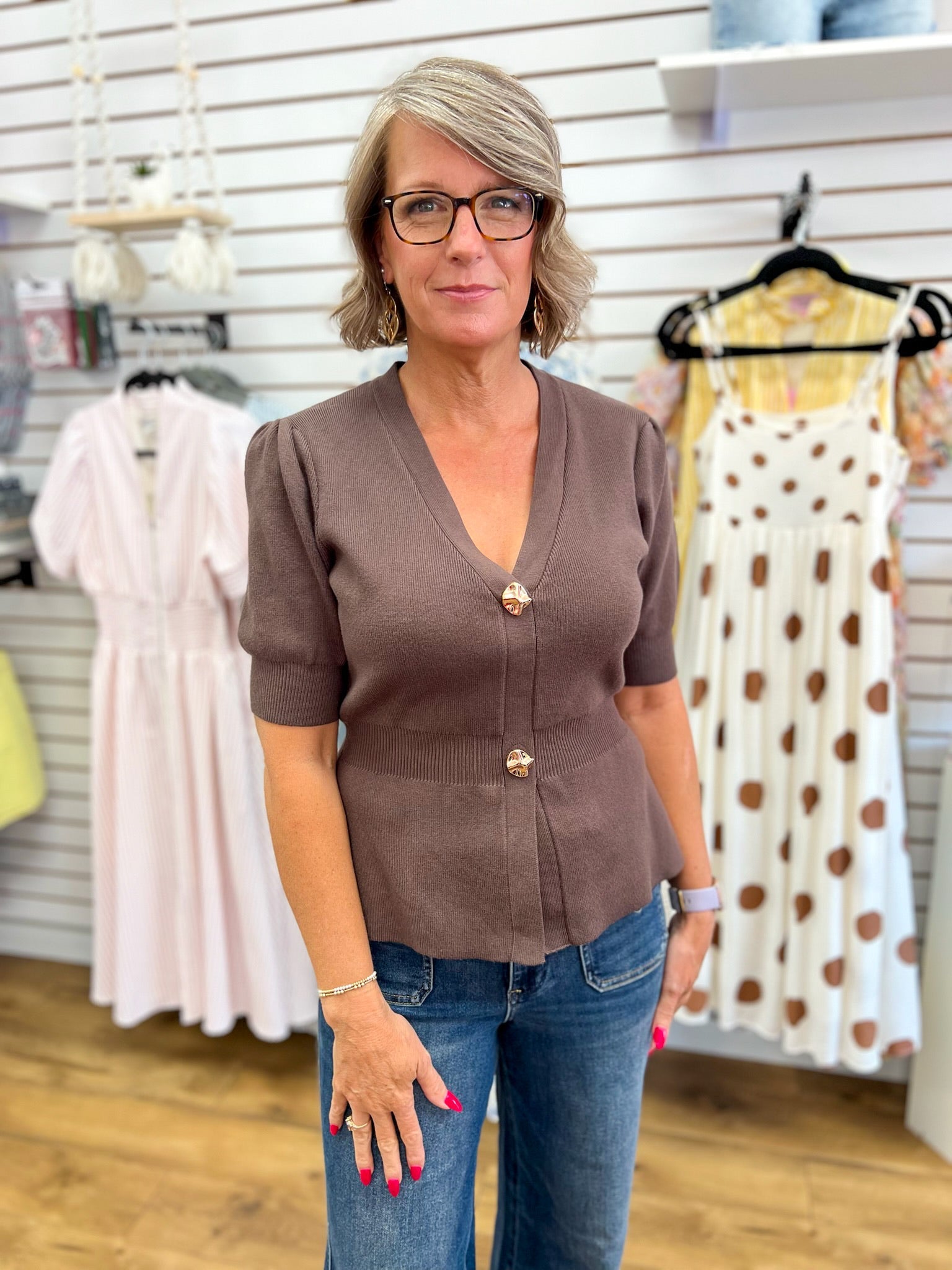 Chocolate Brown Ribbed Short Sleeve Cardigan with Gold Buttons - A'Bekah's Boutique