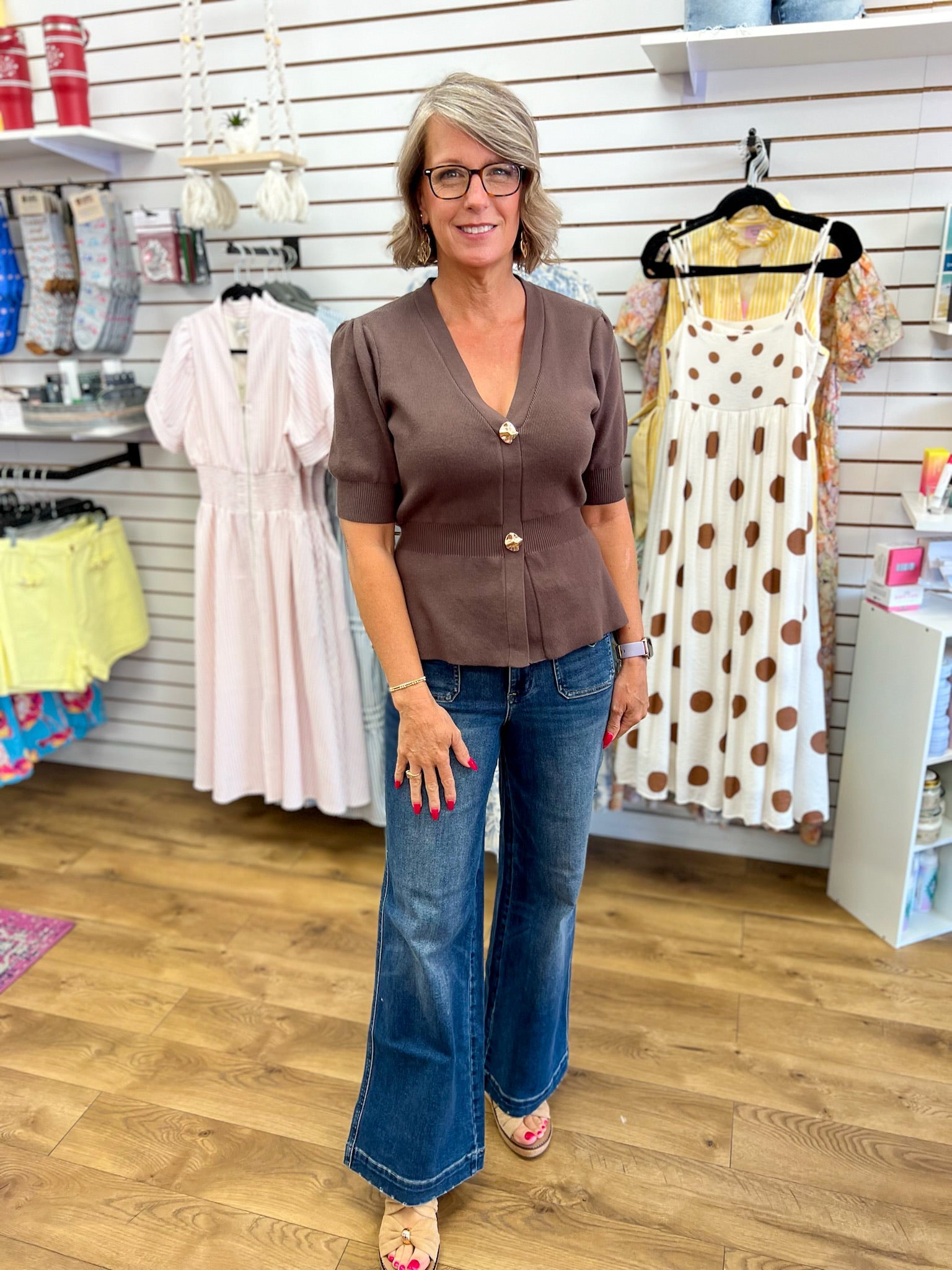 Chocolate Brown Ribbed Short Sleeve Cardigan with Gold Buttons - A'Bekah's Boutique