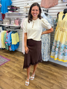 Chocolate Brown Satin Asymmetrical Lace Trim Midi Skirt - A'Bekah's Boutique