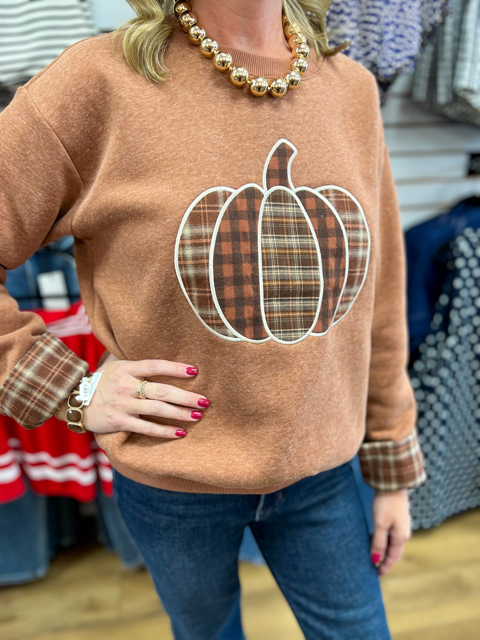 Cinnamon Sweatshirt with Plaid Patchwork Pumpkin and Matching Cuffs - A'Bekah's Boutique