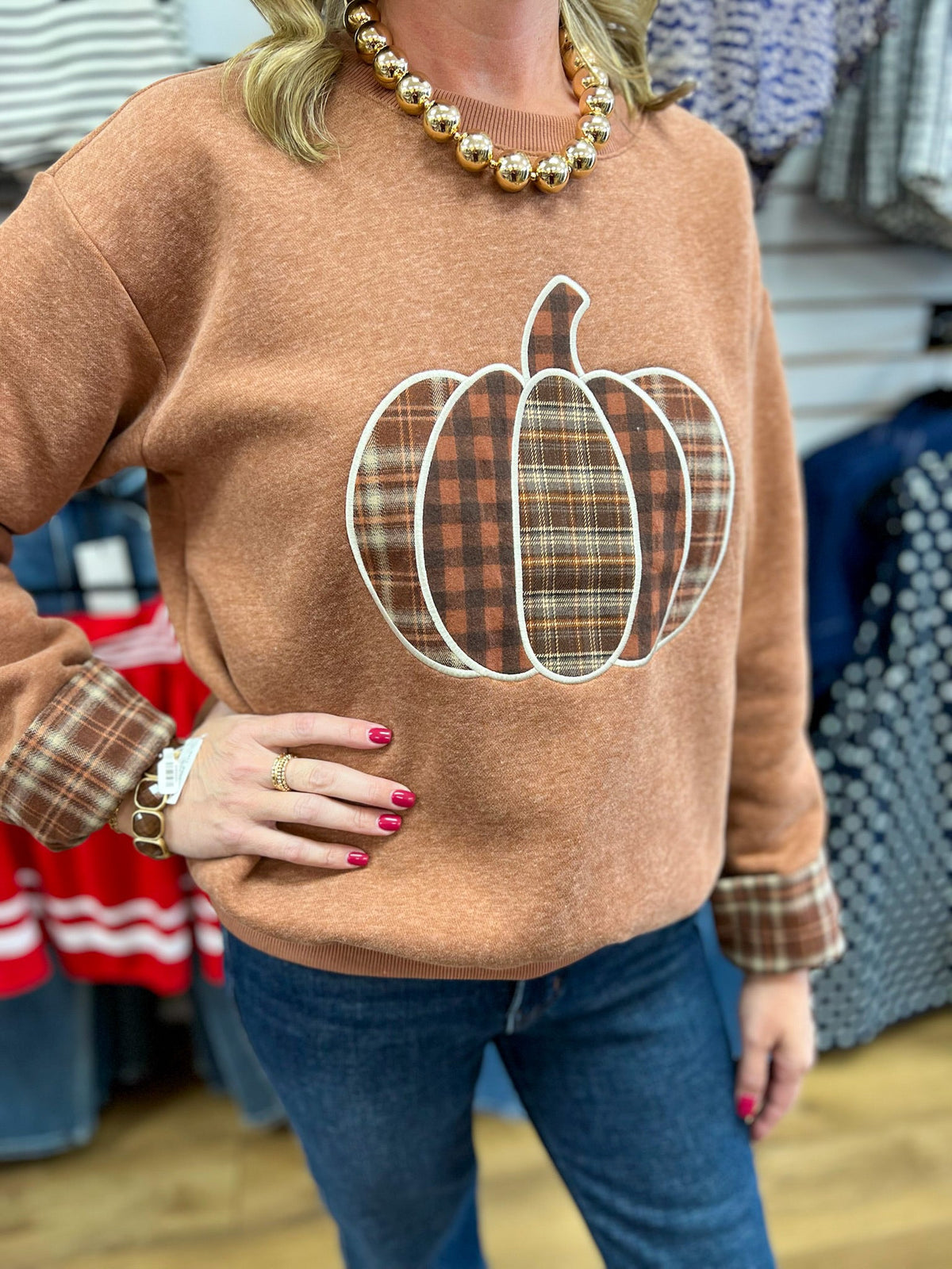 Cinnamon Sweatshirt with Plaid Patchwork Pumpkin and Matching Cuffs - A'Bekah's Boutique