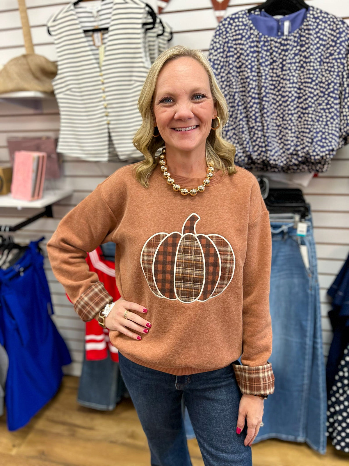 Cinnamon Sweatshirt with Plaid Patchwork Pumpkin and Matching Cuffs - A'Bekah's Boutique