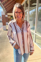Classic Elegance Brown Striped Satin Button Up Top - A'Bekah's Boutique