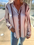 Classic Elegance Brown Striped Satin Button Up Top - A'Bekah's Boutique