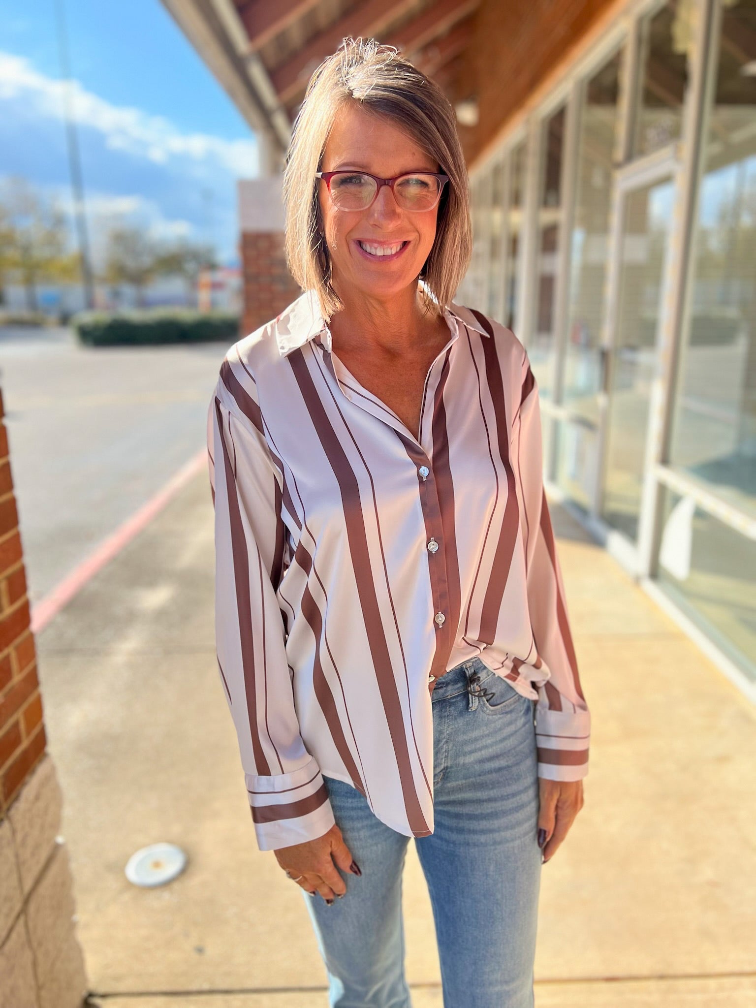 Classic Elegance Brown Striped Satin Button Up Top - A'Bekah's Boutique