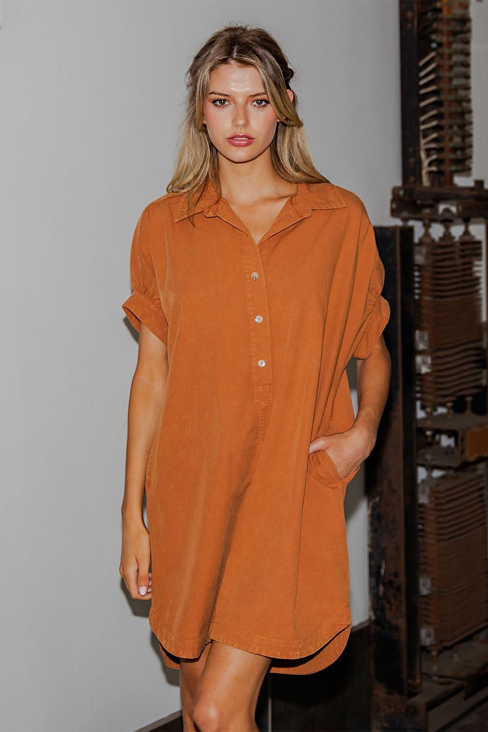 Clay Mineral Washed Shirt Dress with Pockets - A'Bekah's Boutique