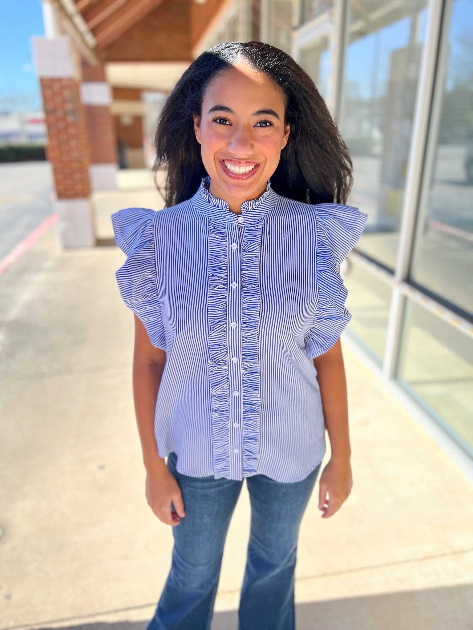 Coastal Sky Blue Striped Button Up Top with Ruffle Details - A'Bekah's Boutique