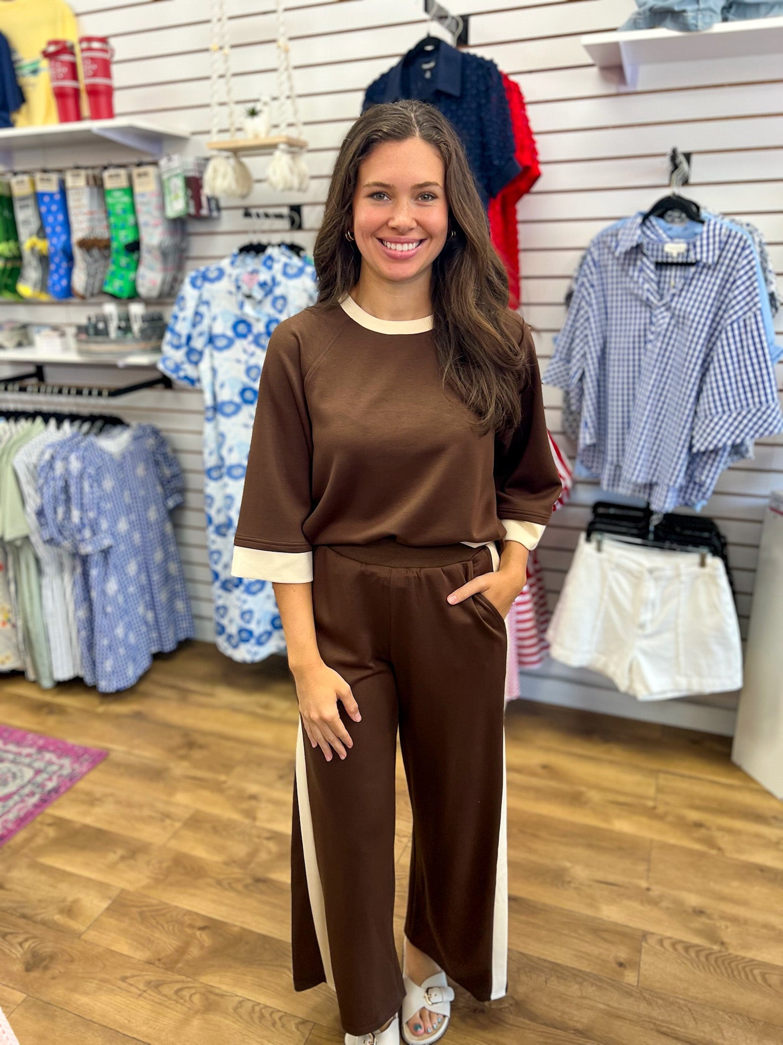 Coco Brown Luxeknit Colorblock Wide Leg Pants Set - A'Bekah's Boutique