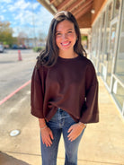 Coffee Brown Oversized 3/4 Wide Sleeve Top - A'Bekah's Boutique
