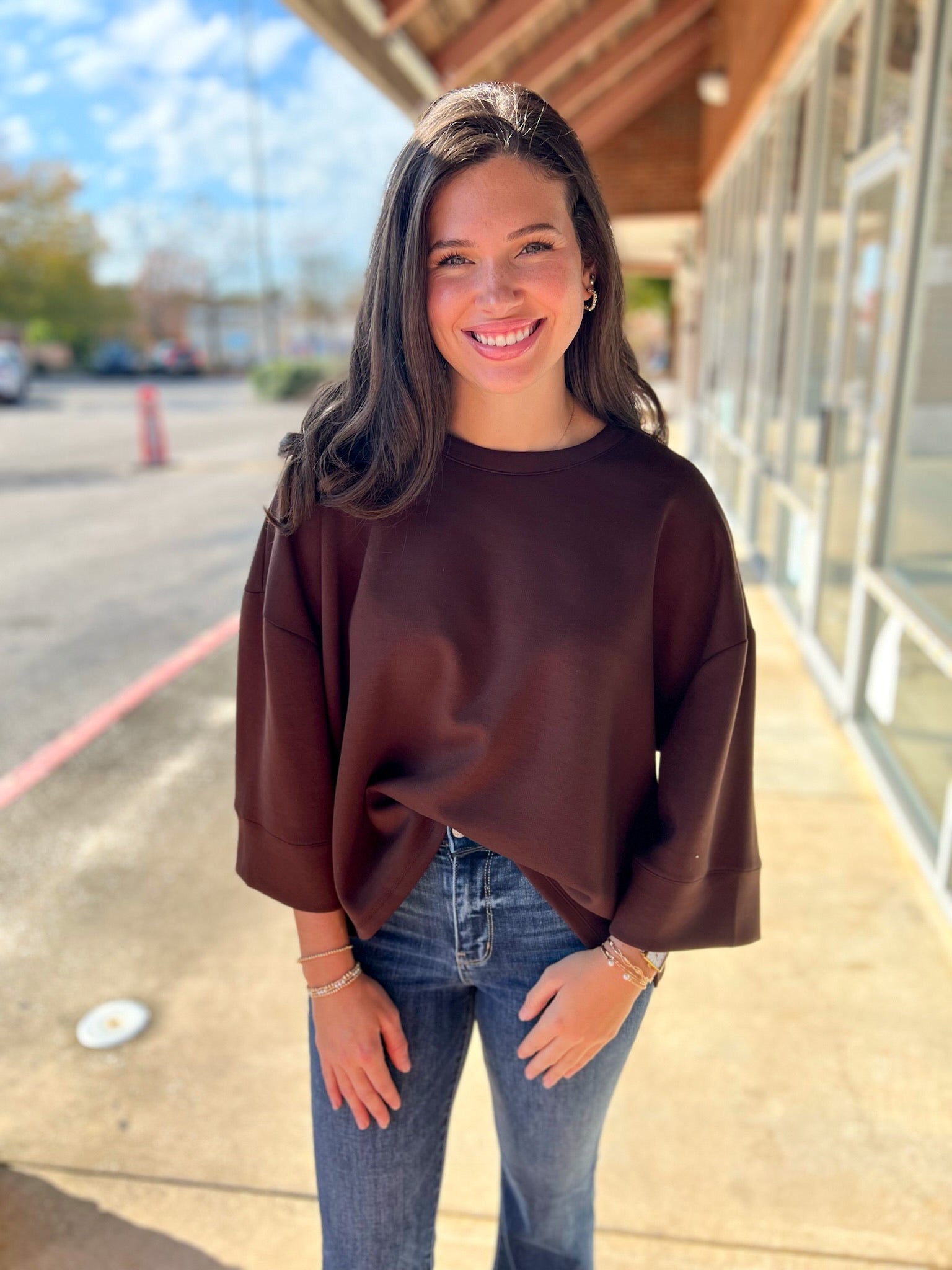 Coffee Brown Oversized 3/4 Wide Sleeve Top - A'Bekah's Boutique
