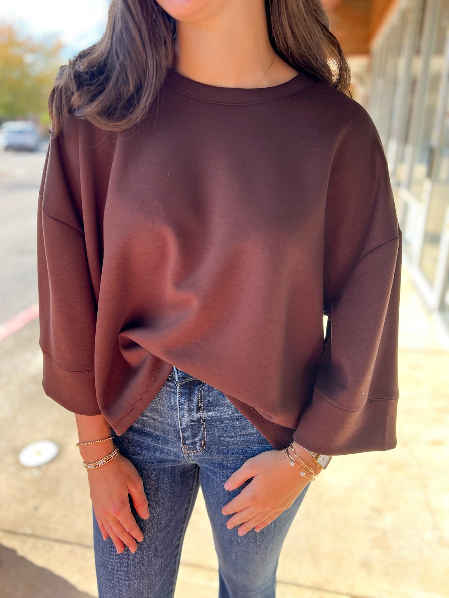 Coffee Brown Oversized 3/4 Wide Sleeve Top - A'Bekah's Boutique