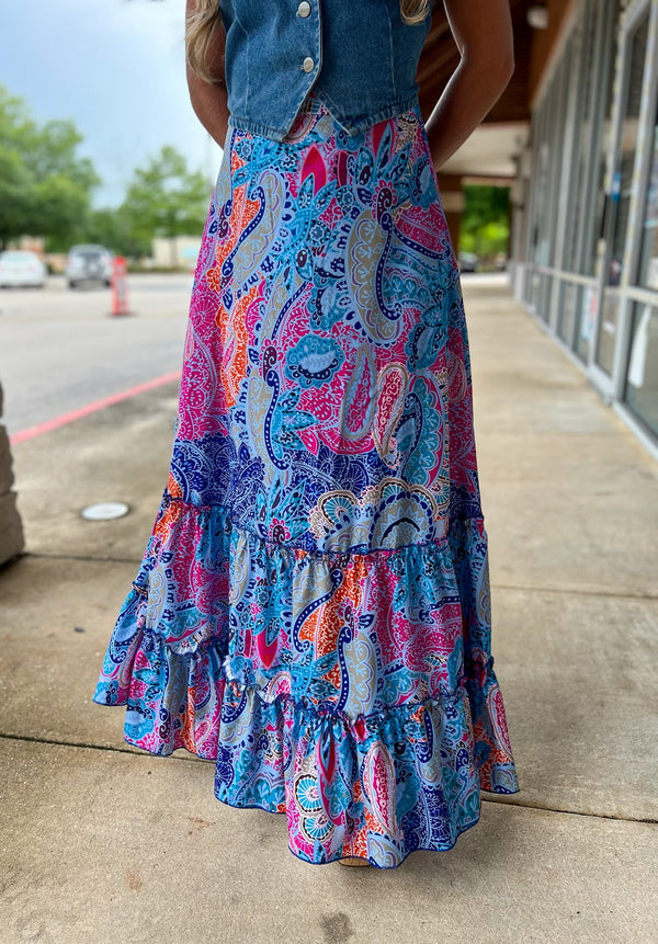 Come Along Blue Paisley Tiered Maxi Skirt XL Come Along Blue Paisley Tiered Maxi Skirt XL