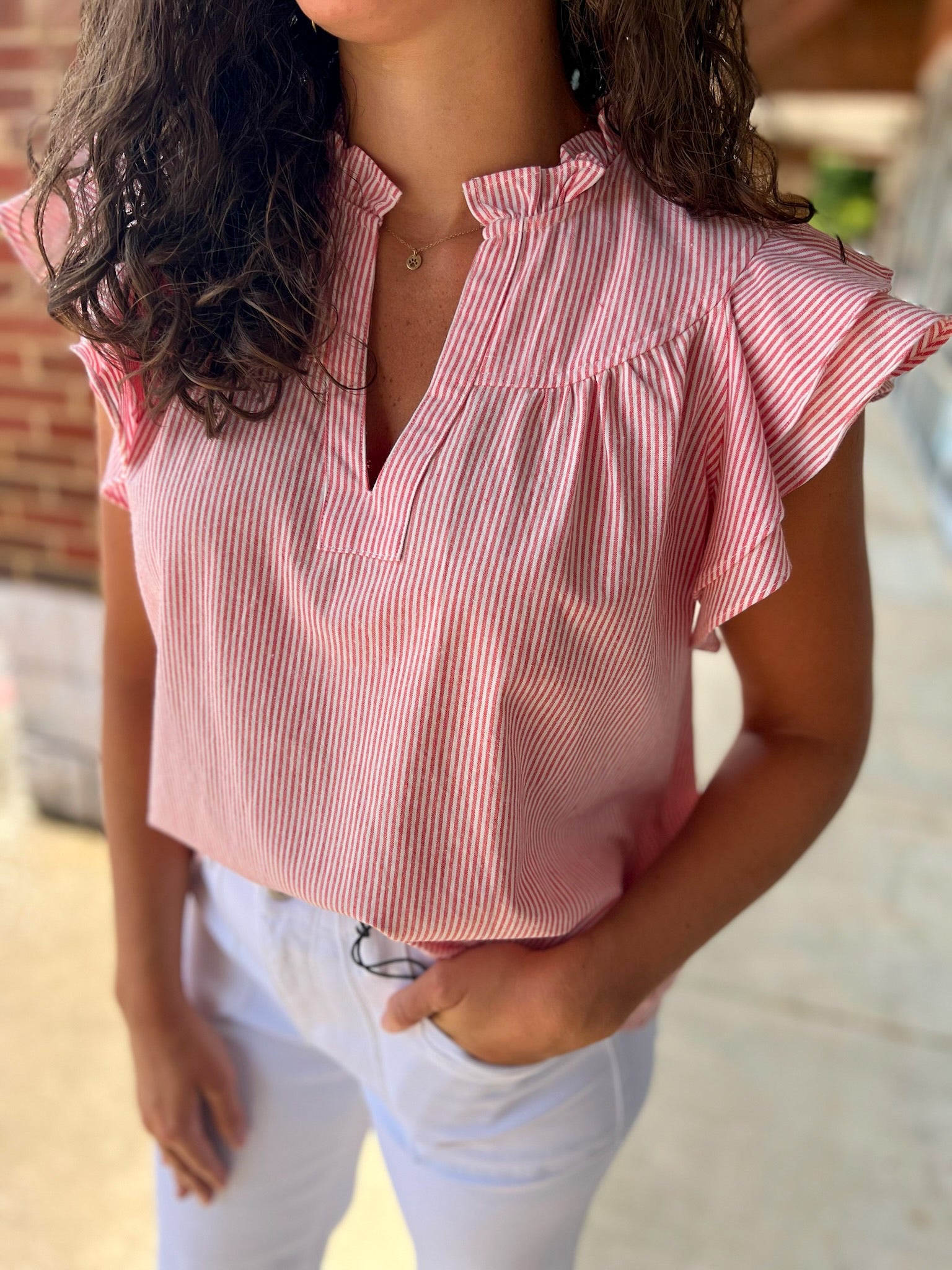 Come What May Tomato Red Striped V - Neck Top - A'Bekah's Boutique