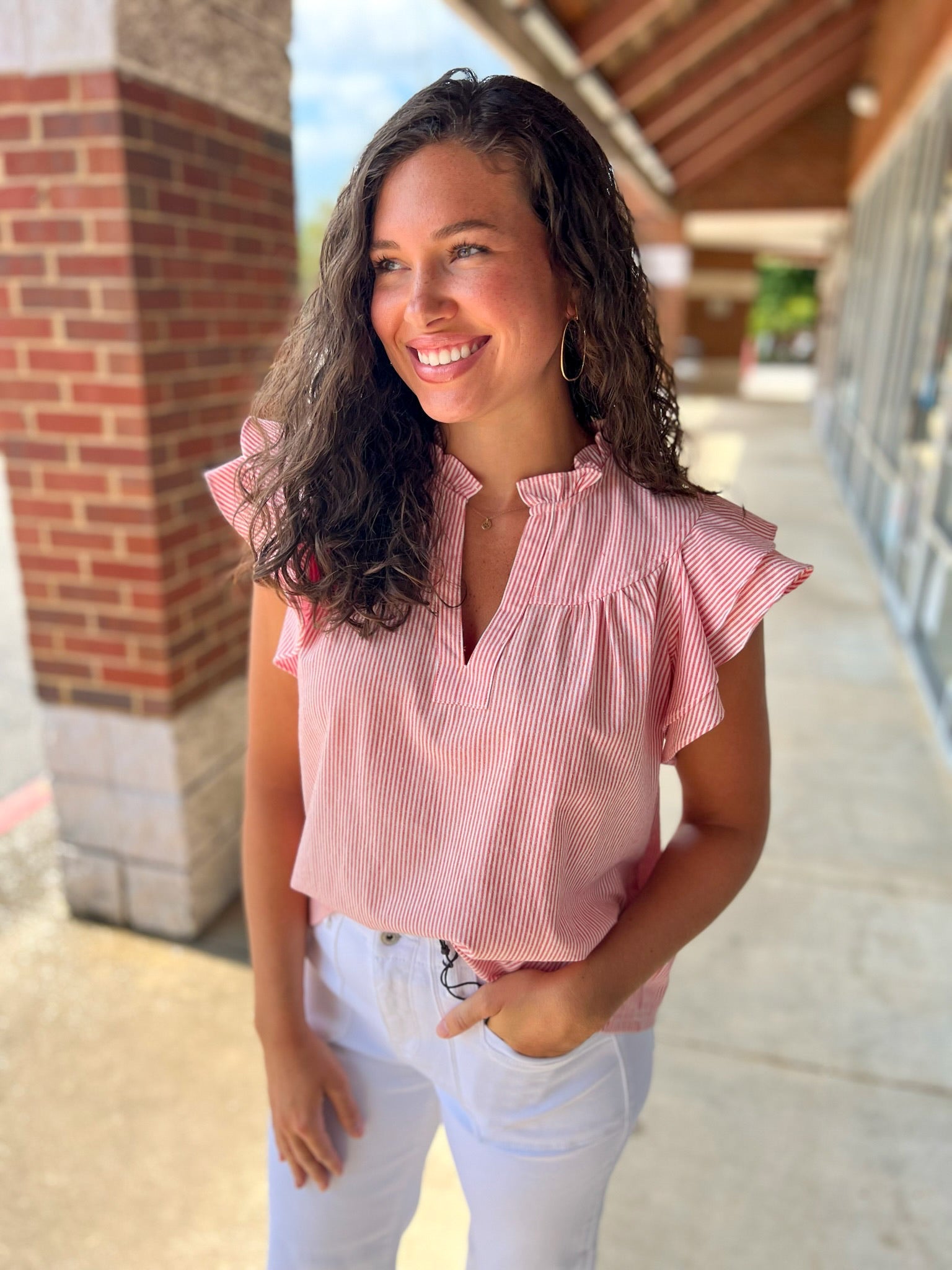 Come What May Tomato Red Striped V - Neck Top - A'Bekah's Boutique