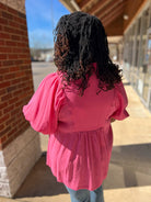 Coral Pink Smocked V - Neck Puff Sleeve Curvy Top (C) - A'Bekah's Boutique