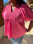 Coral Pink Smocked V - Neck Puff Sleeve Curvy Top (C) - A'Bekah's Boutique