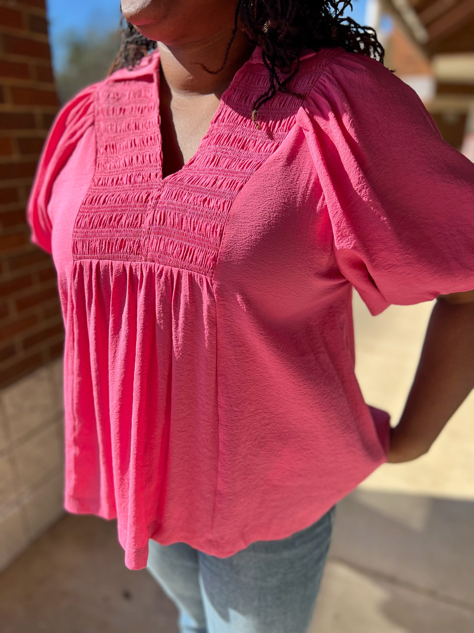 Coral Pink Smocked V - Neck Puff Sleeve Curvy Top (C) - A'Bekah's Boutique