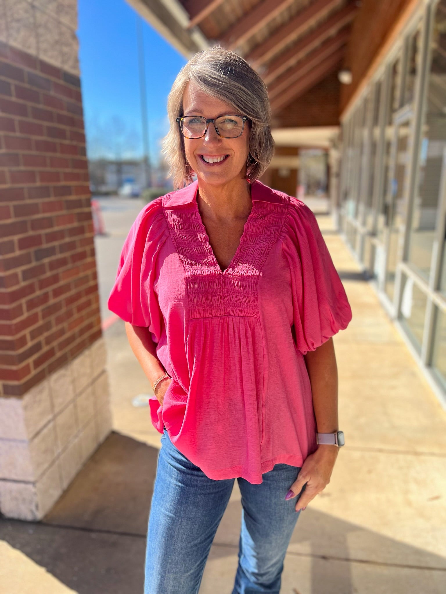 Coral Pink Smocked V - Neck Puff Sleeve Top (R) - A'Bekah's Boutique