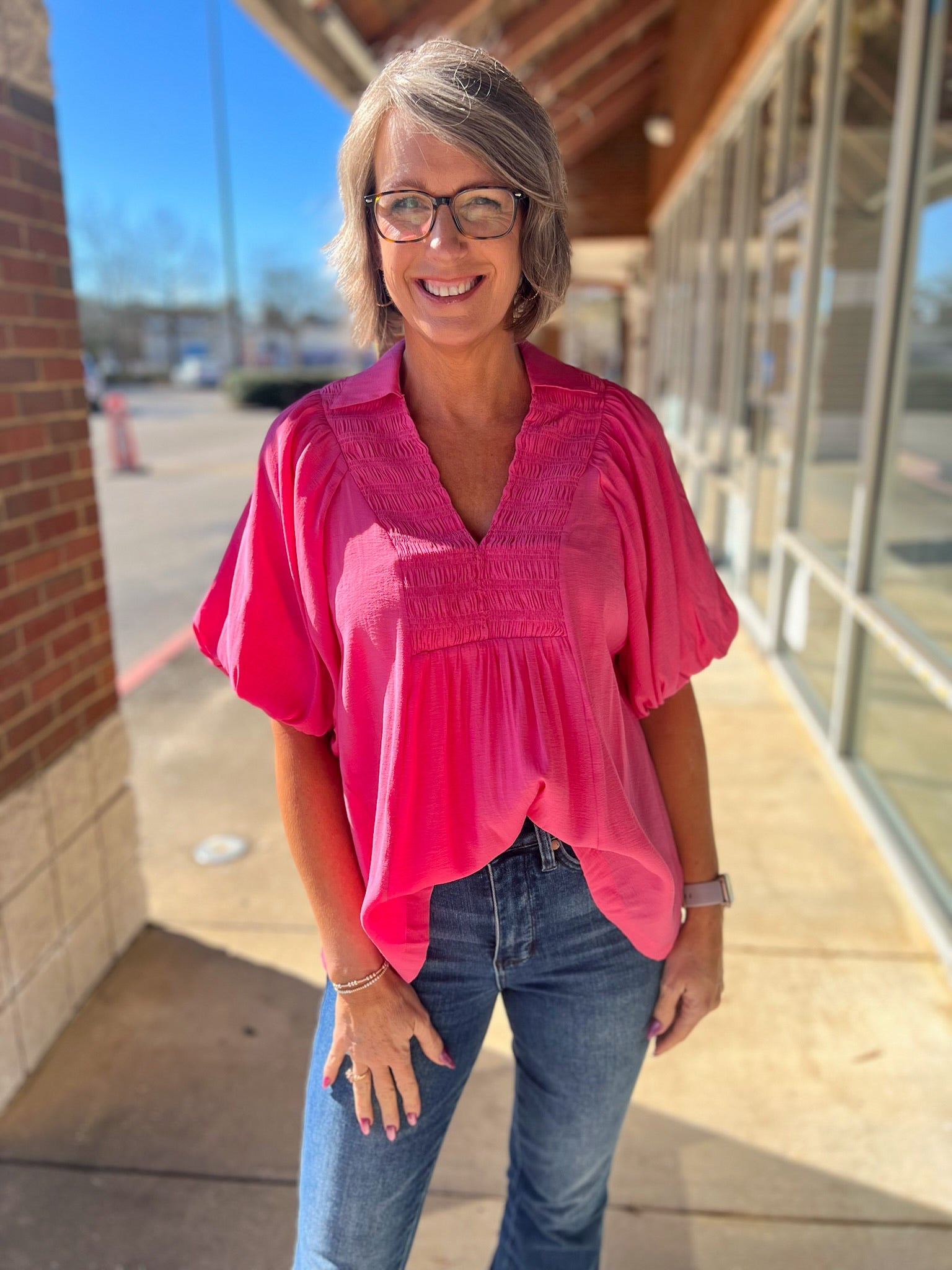 Coral Pink Smocked V - Neck Puff Sleeve Top (R) - A'Bekah's Boutique