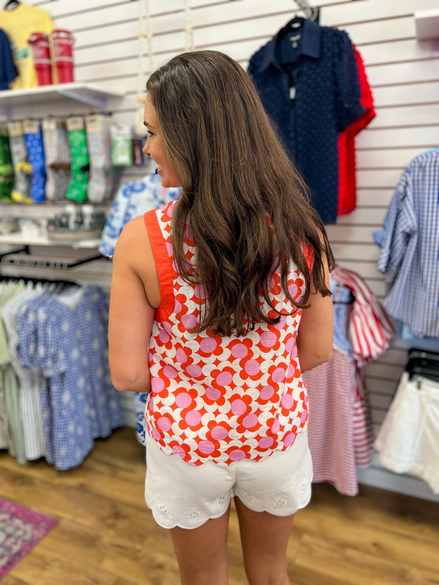 Coral Printed Sleeveless Top with Scalloped Hem - A'Bekah's Boutique
