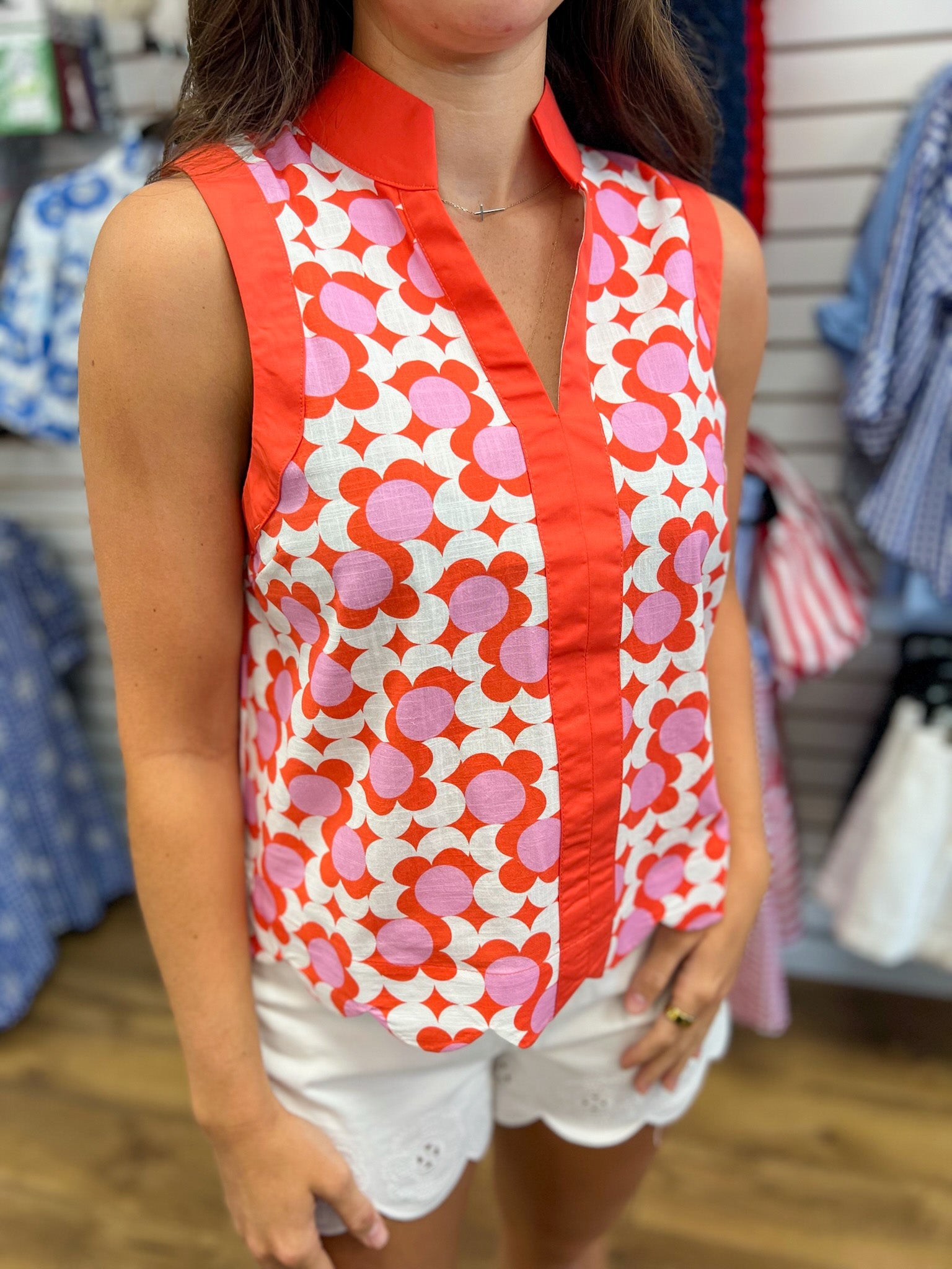 Coral Printed Sleeveless Top with Scalloped Hem - A'Bekah's Boutique