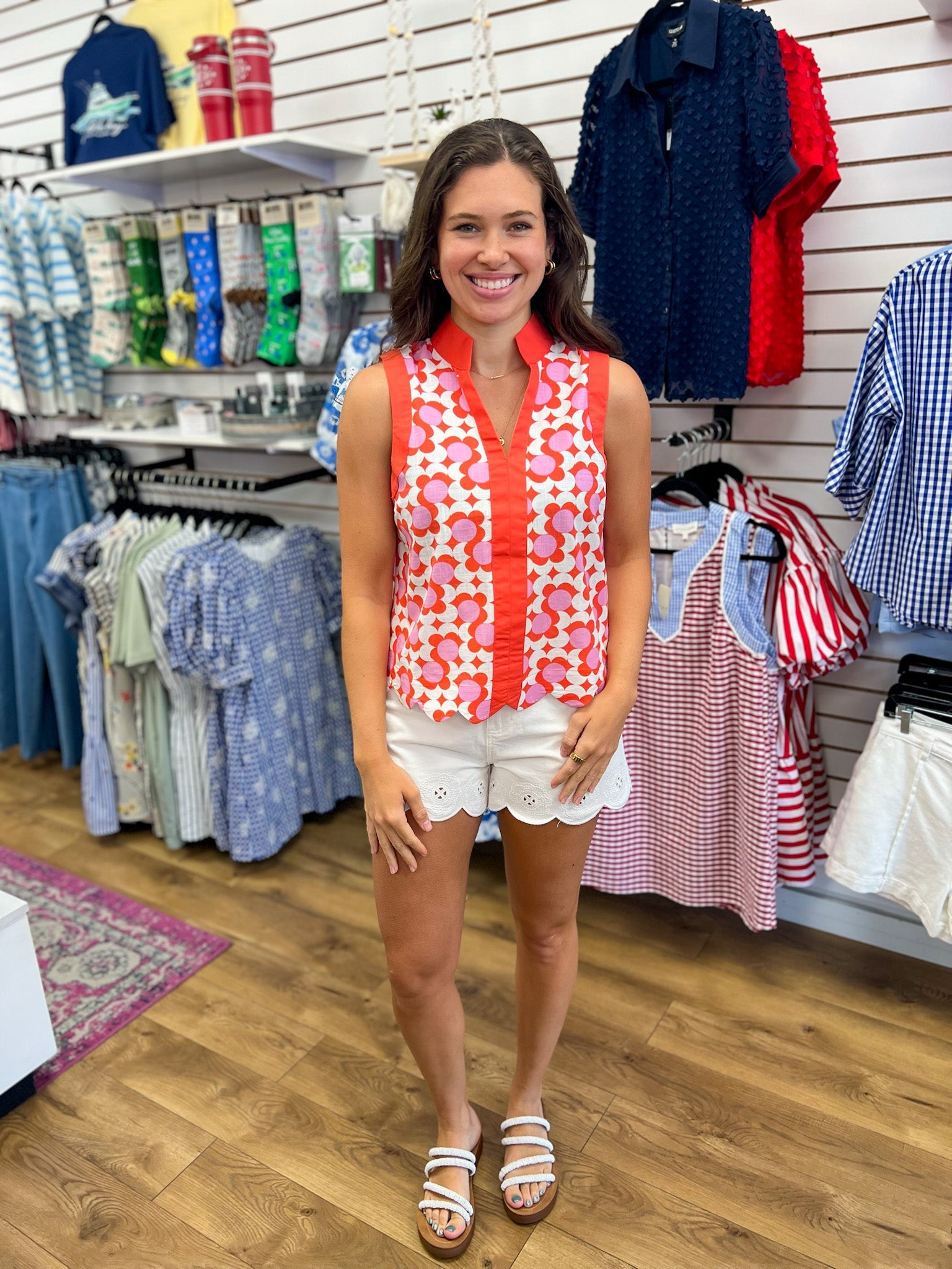 Coral Printed Sleeveless Top with Scalloped Hem - A'Bekah's Boutique