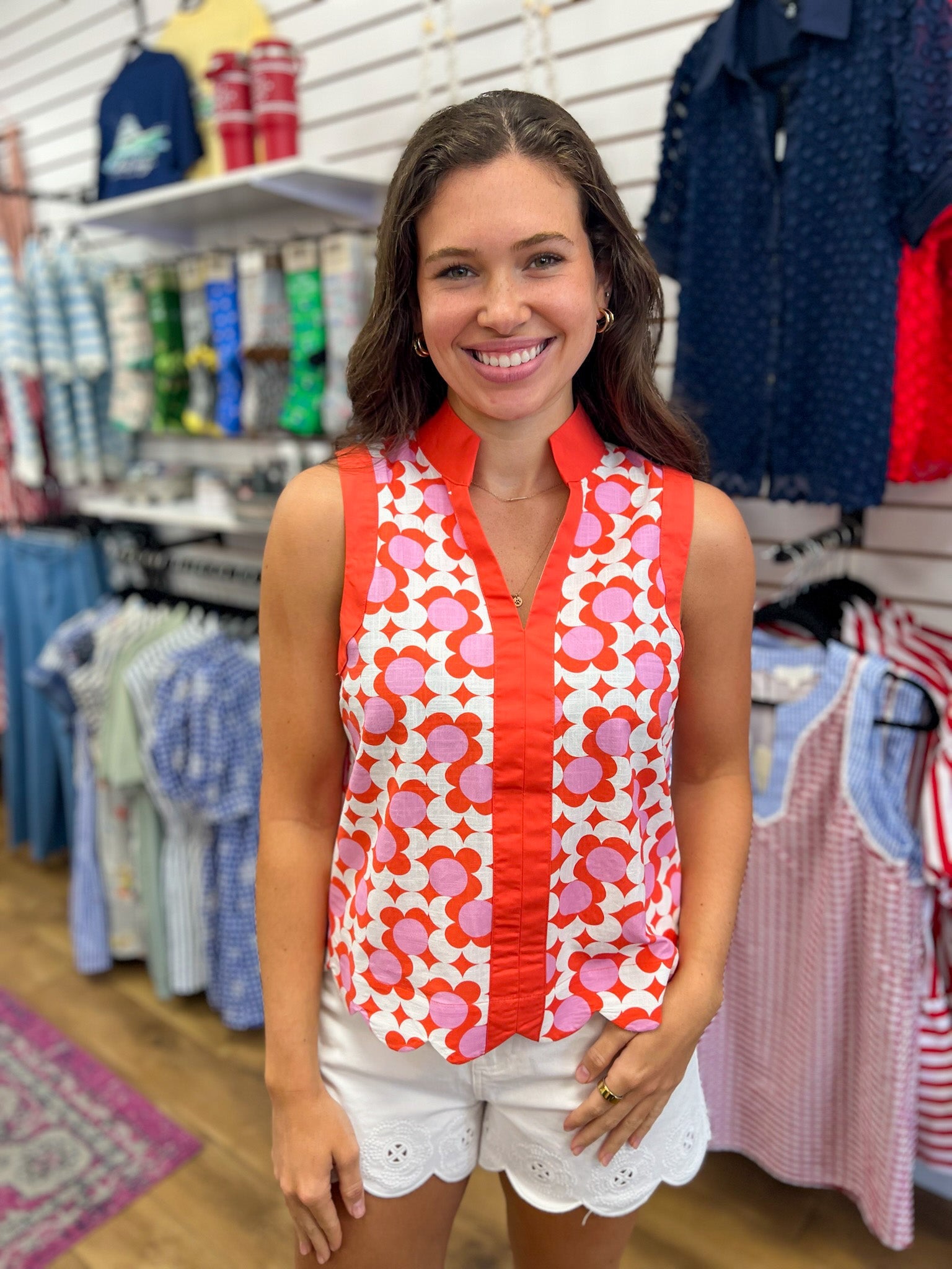 Coral Printed Sleeveless Top with Scalloped Hem - A'Bekah's Boutique