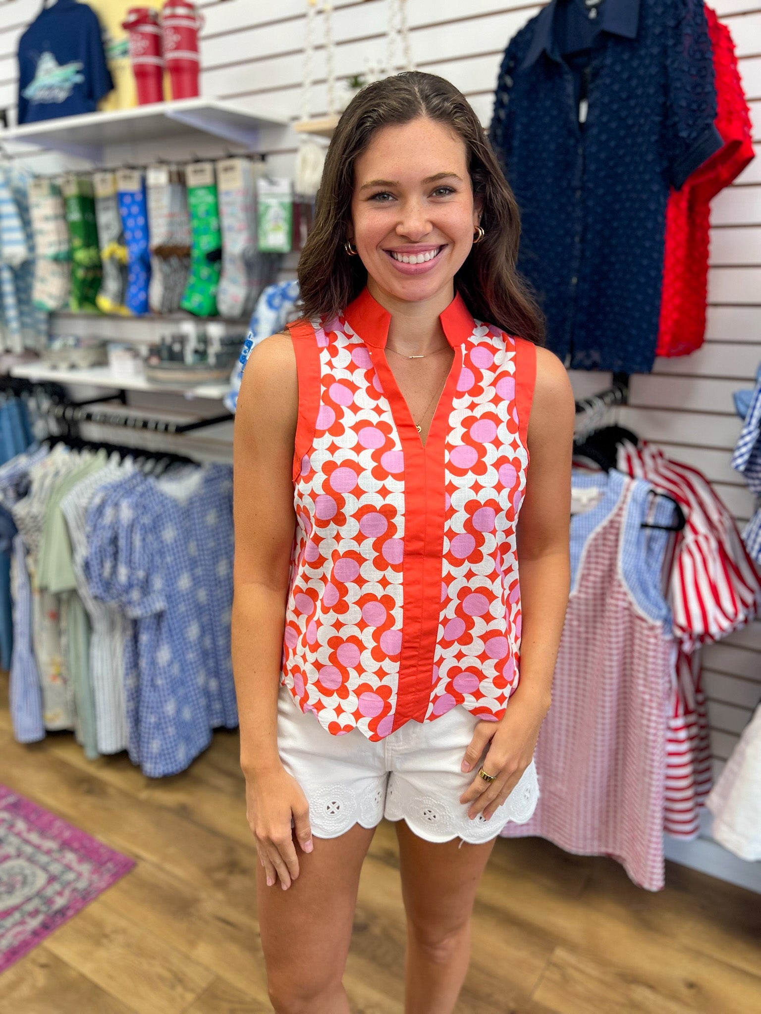 Coral Printed Sleeveless Top with Scalloped Hem - A'Bekah's Boutique