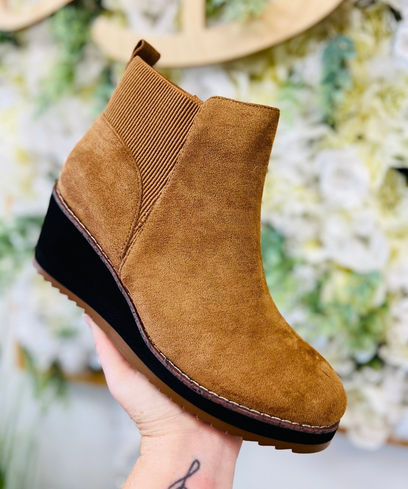 Corkys Apple Sauced Tobacco Faux Suede Wedge Bootie - A'Bekah's Boutique