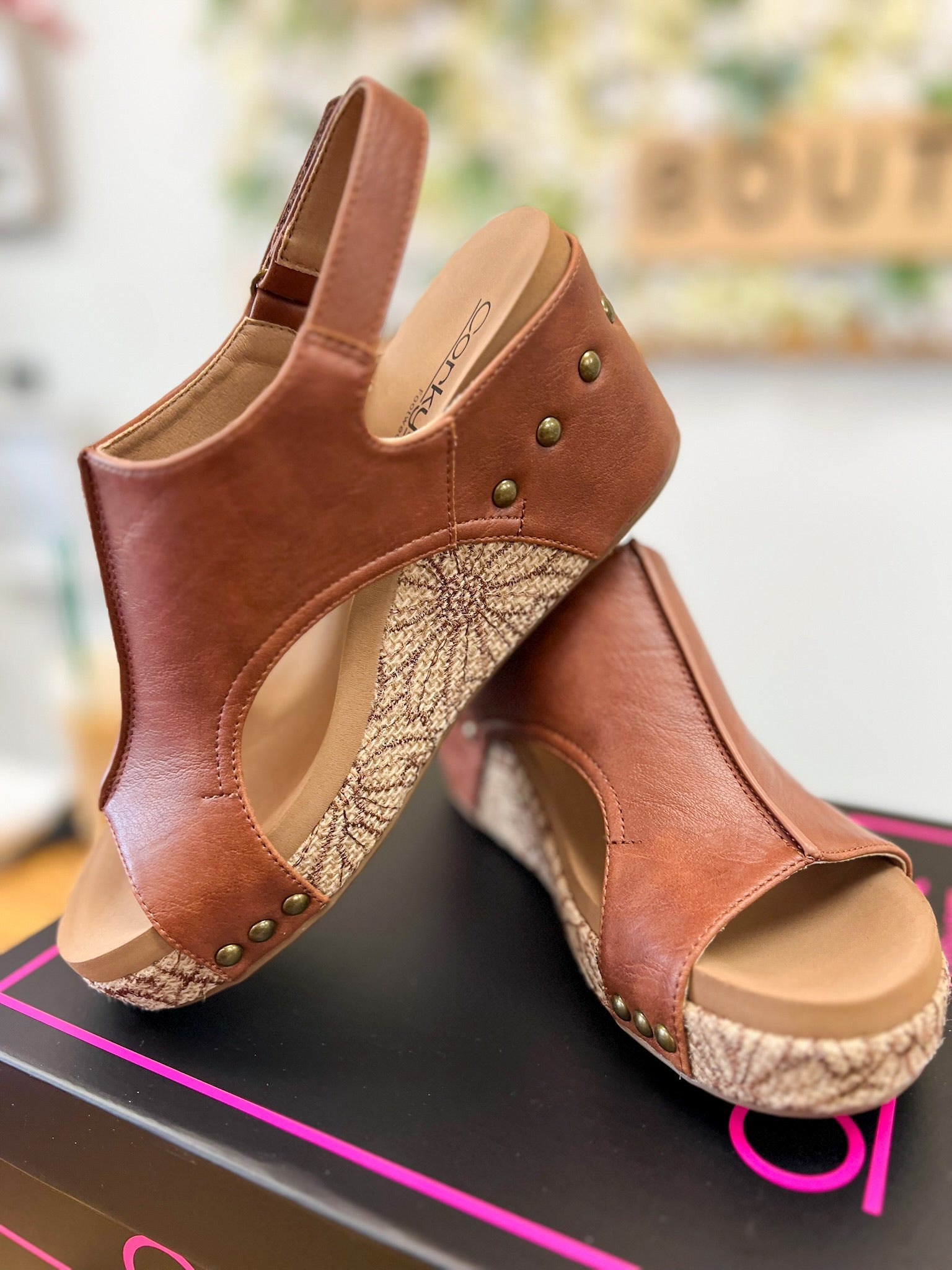 Corkys Carley Cognac Floral Wrap Wedges - A'Bekah's Boutique