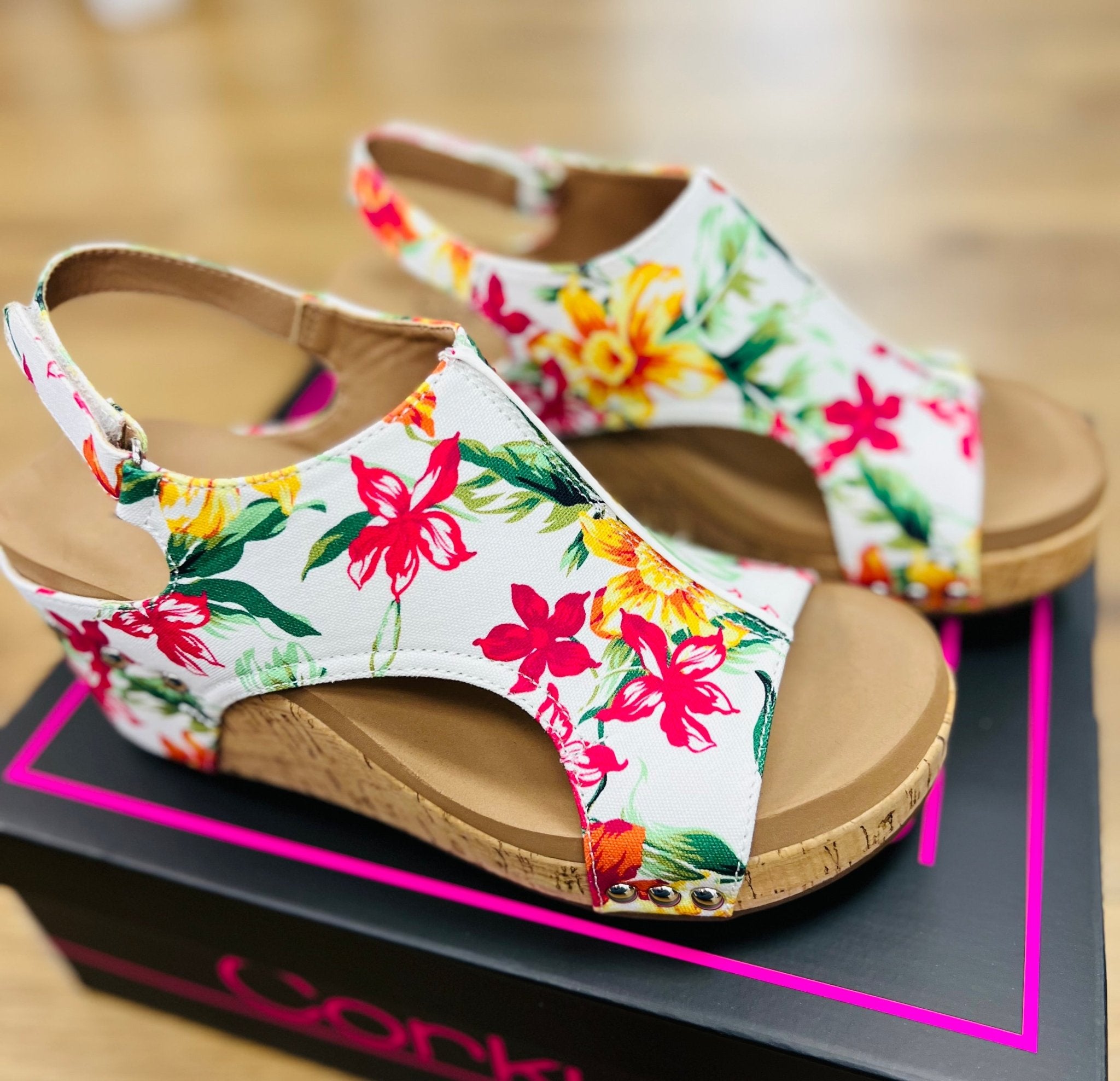 Corkys Carley White Floral Wedges - A'Bekah's Boutique