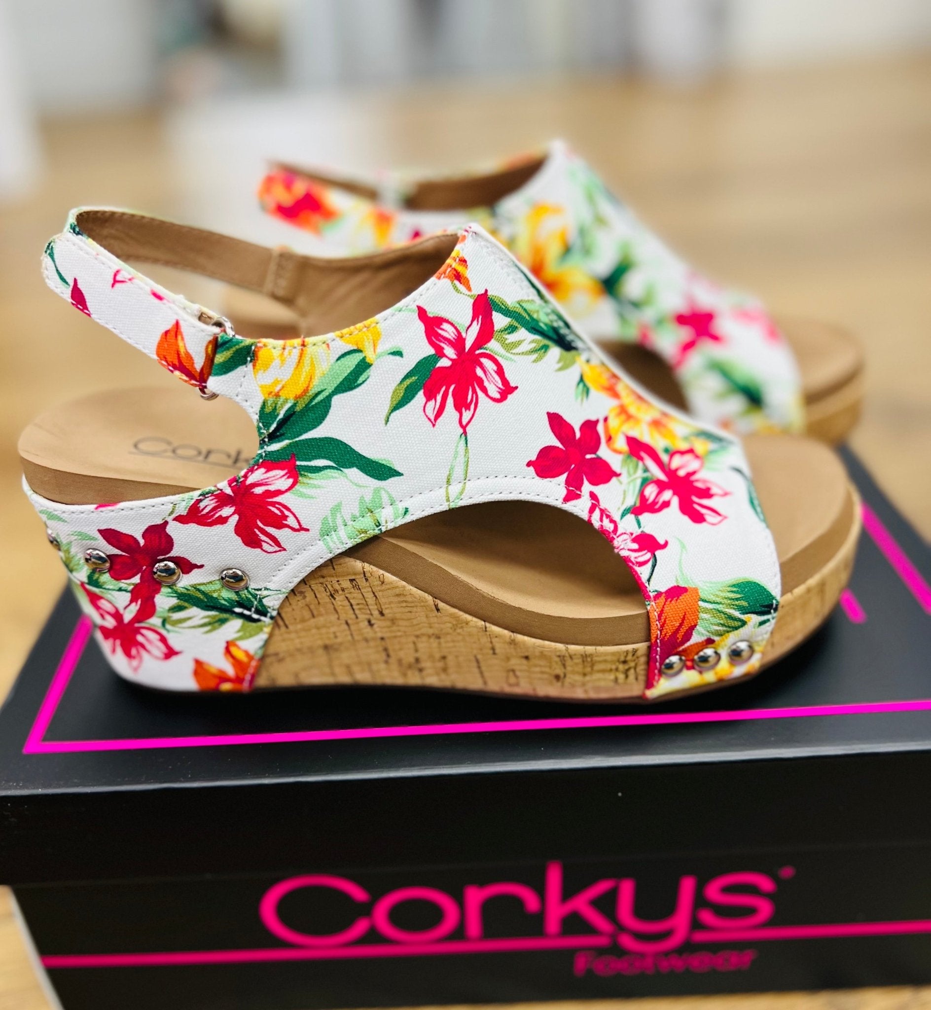 Corkys Carley White Floral Wedges - A'Bekah's Boutique