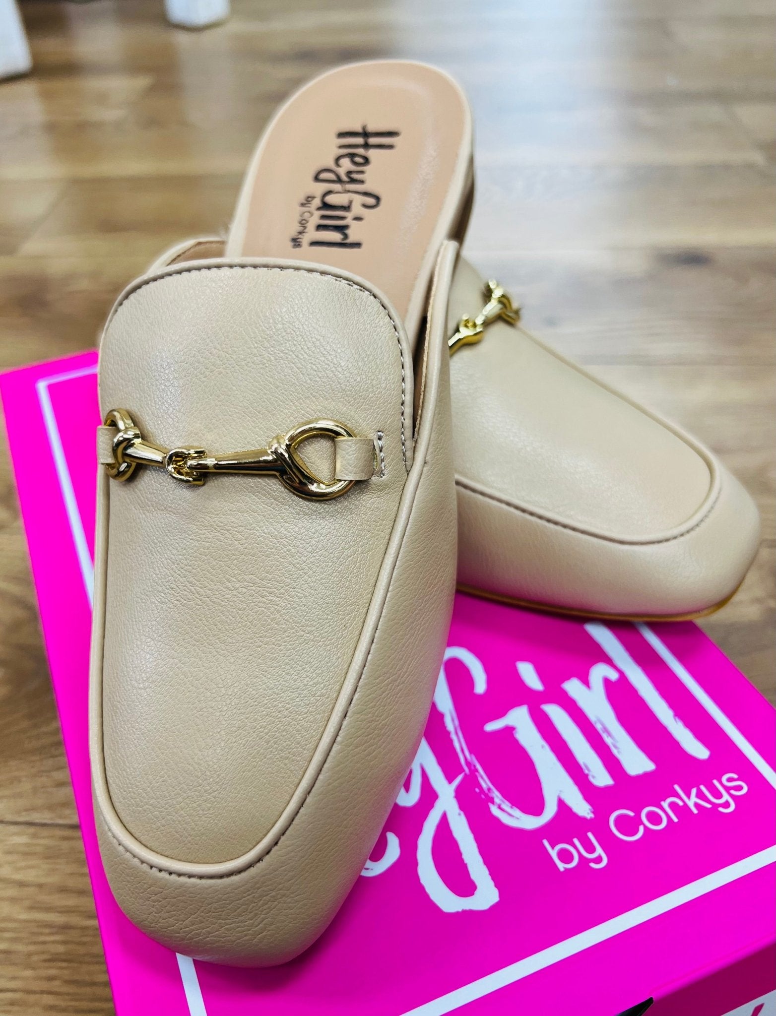Corkys Charmer Camel Slip On Mules with Gold Hardware - A'Bekah's Boutique