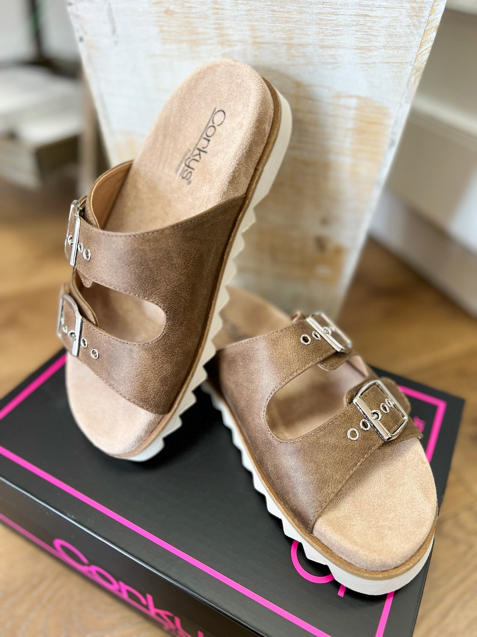 Corkys Dash Brown Double Buckle Strap Slip On Sandals - A'Bekah's Boutique