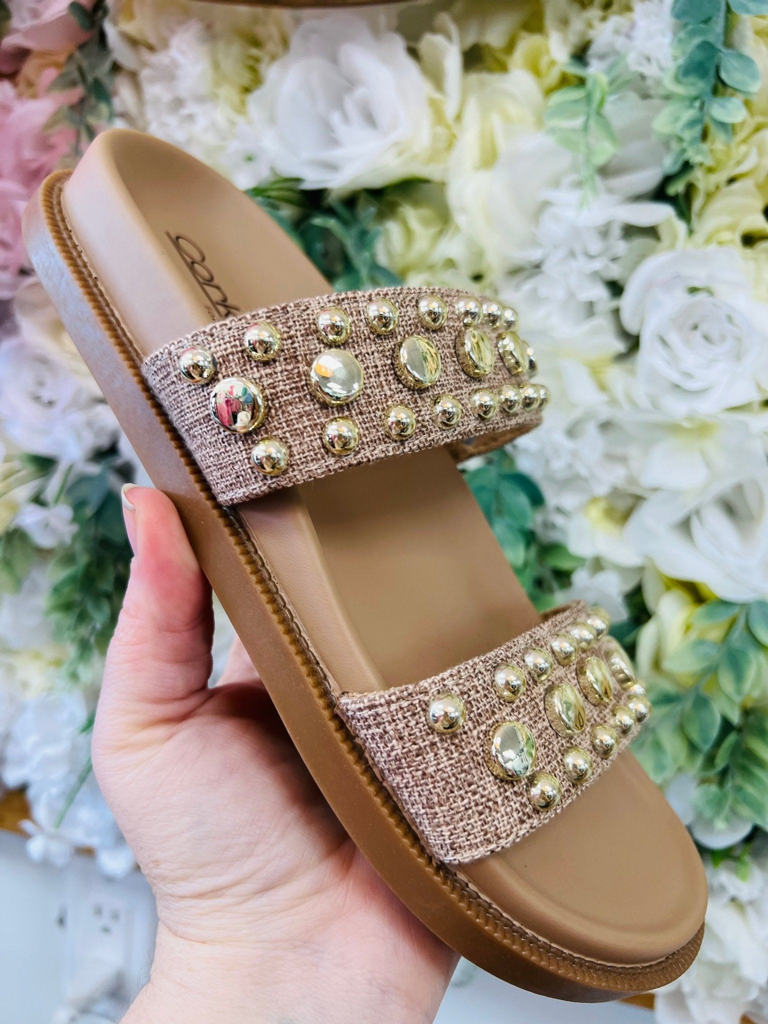 Corkys Have A Seat Tan Stud Embellished Double Strap Sandals - A'Bekah's Boutique
