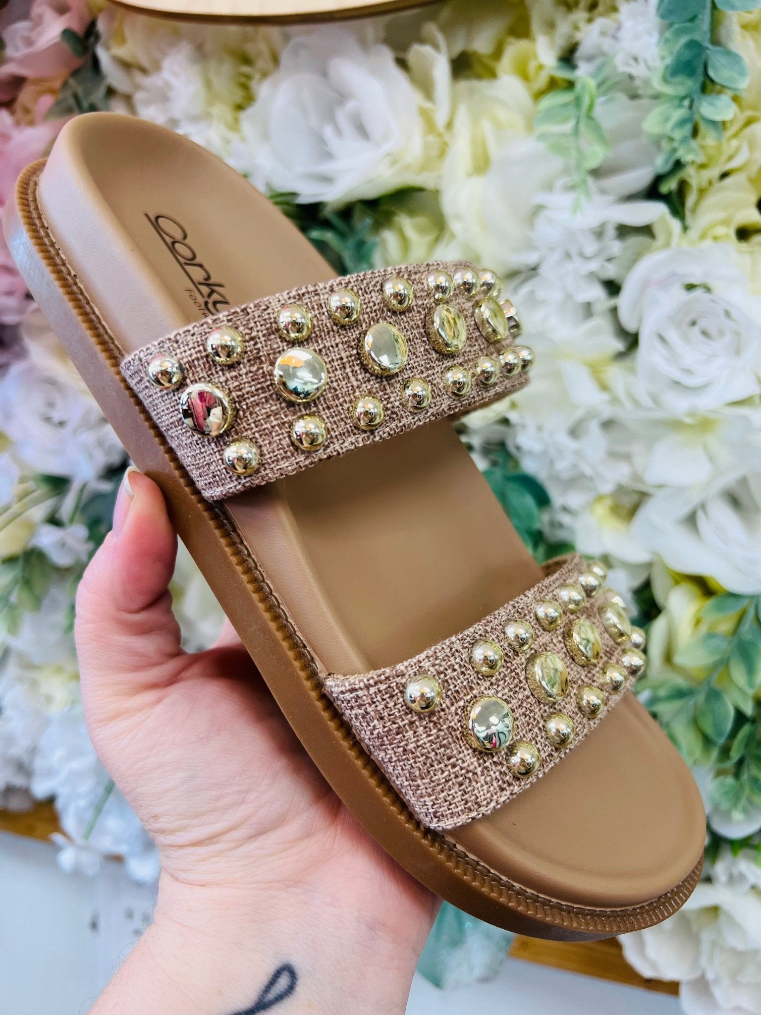 Corkys Have A Seat Tan Stud Embellished Double Strap Sandals - A'Bekah's Boutique