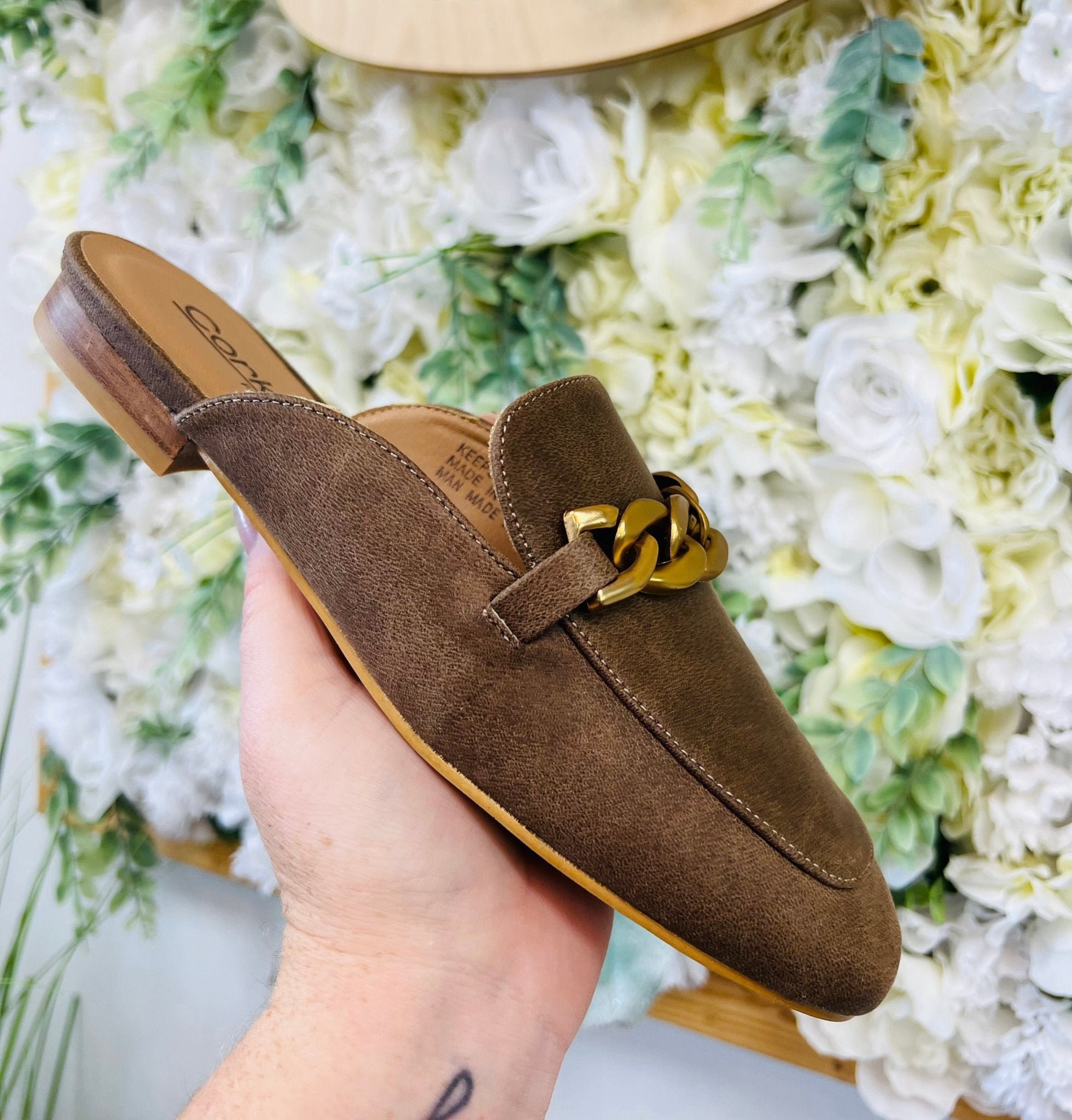 Corkys Keepsake Tan Faux Suede Mules with Gold Chain - A'Bekah's Boutique