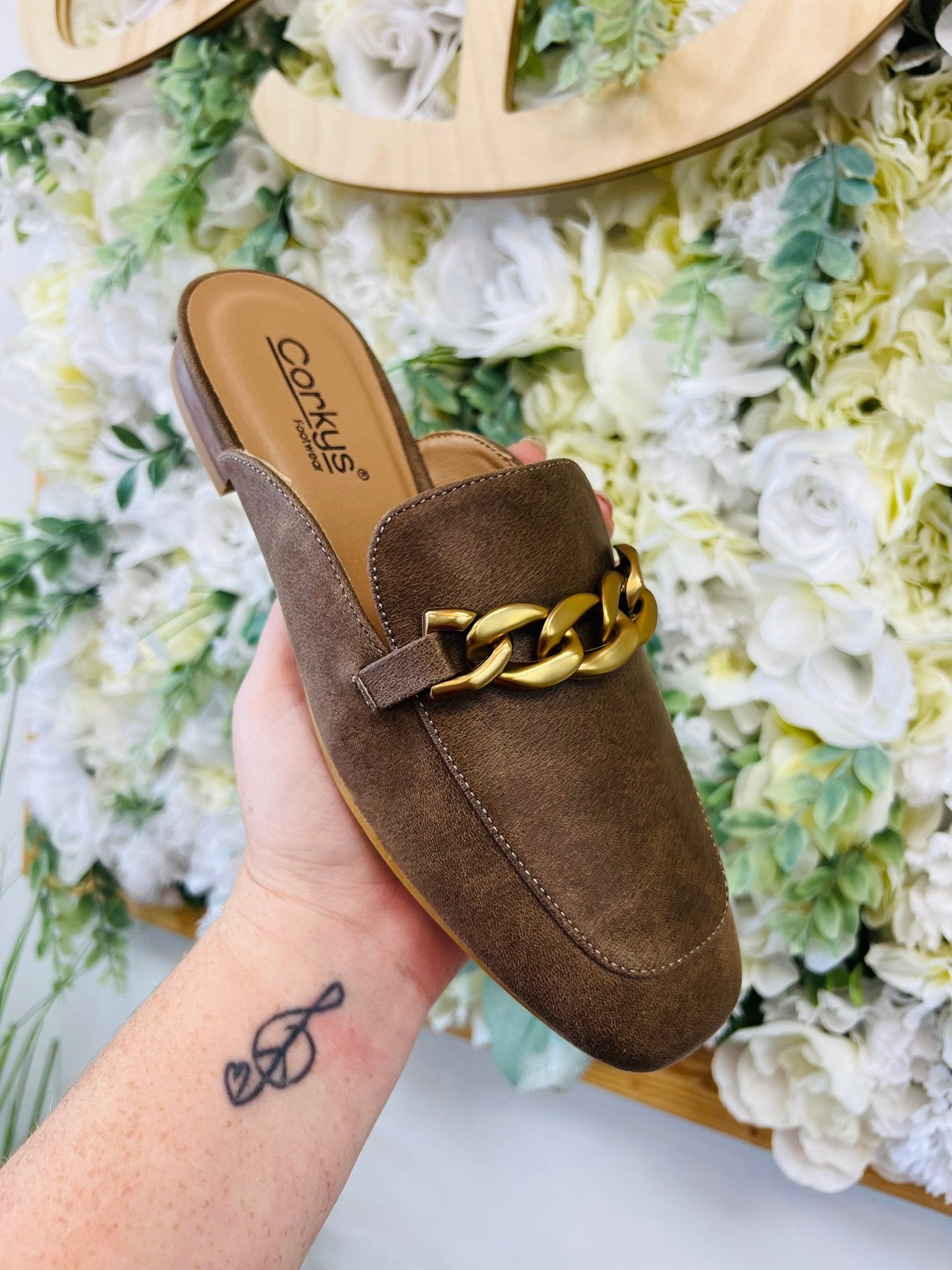Corkys Keepsake Tan Faux Suede Mules with Gold Chain - A'Bekah's Boutique