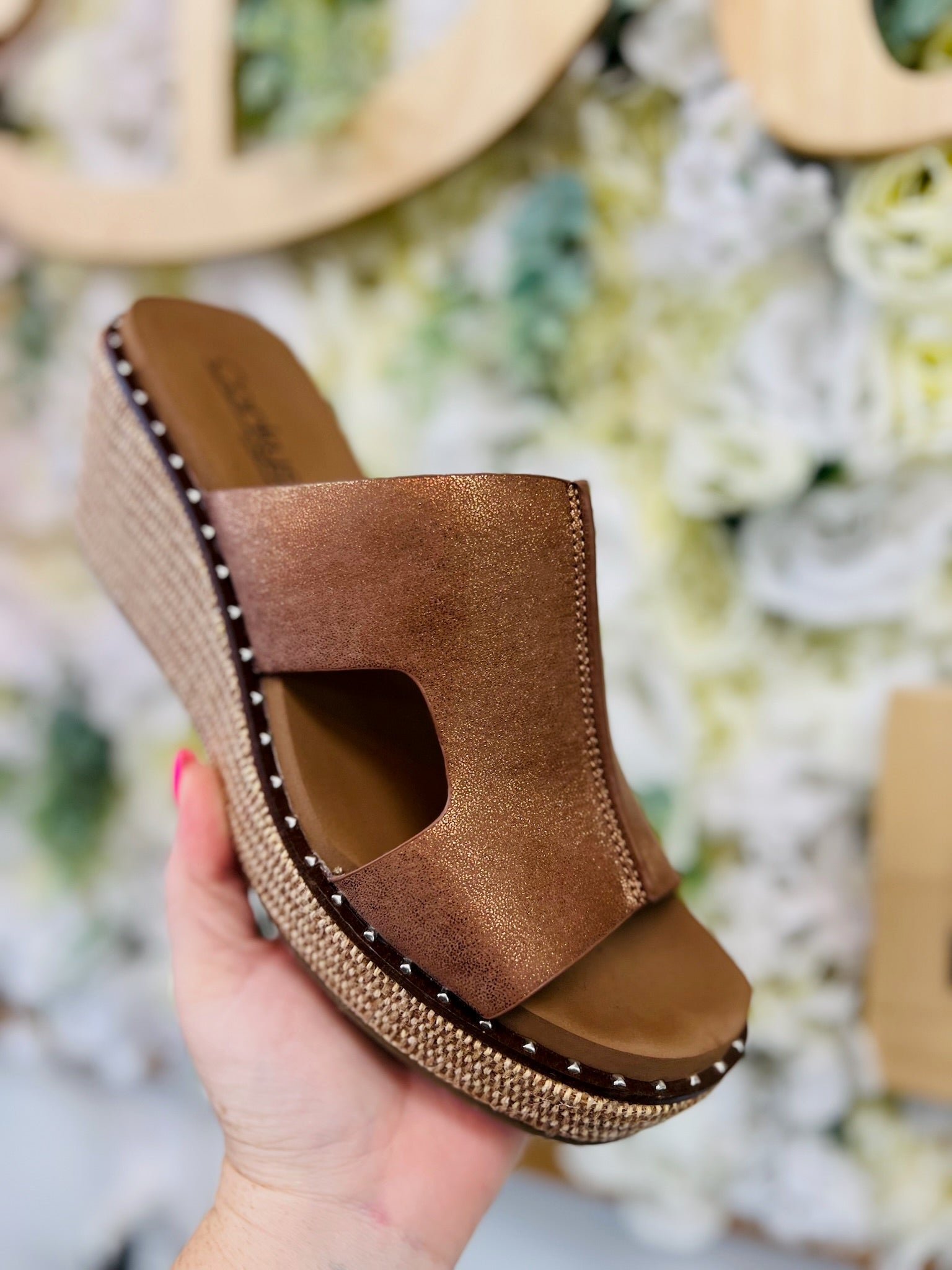 Corkys Kiss N Tell Washed Bronze Metallic Wedges - A'Bekah's Boutique