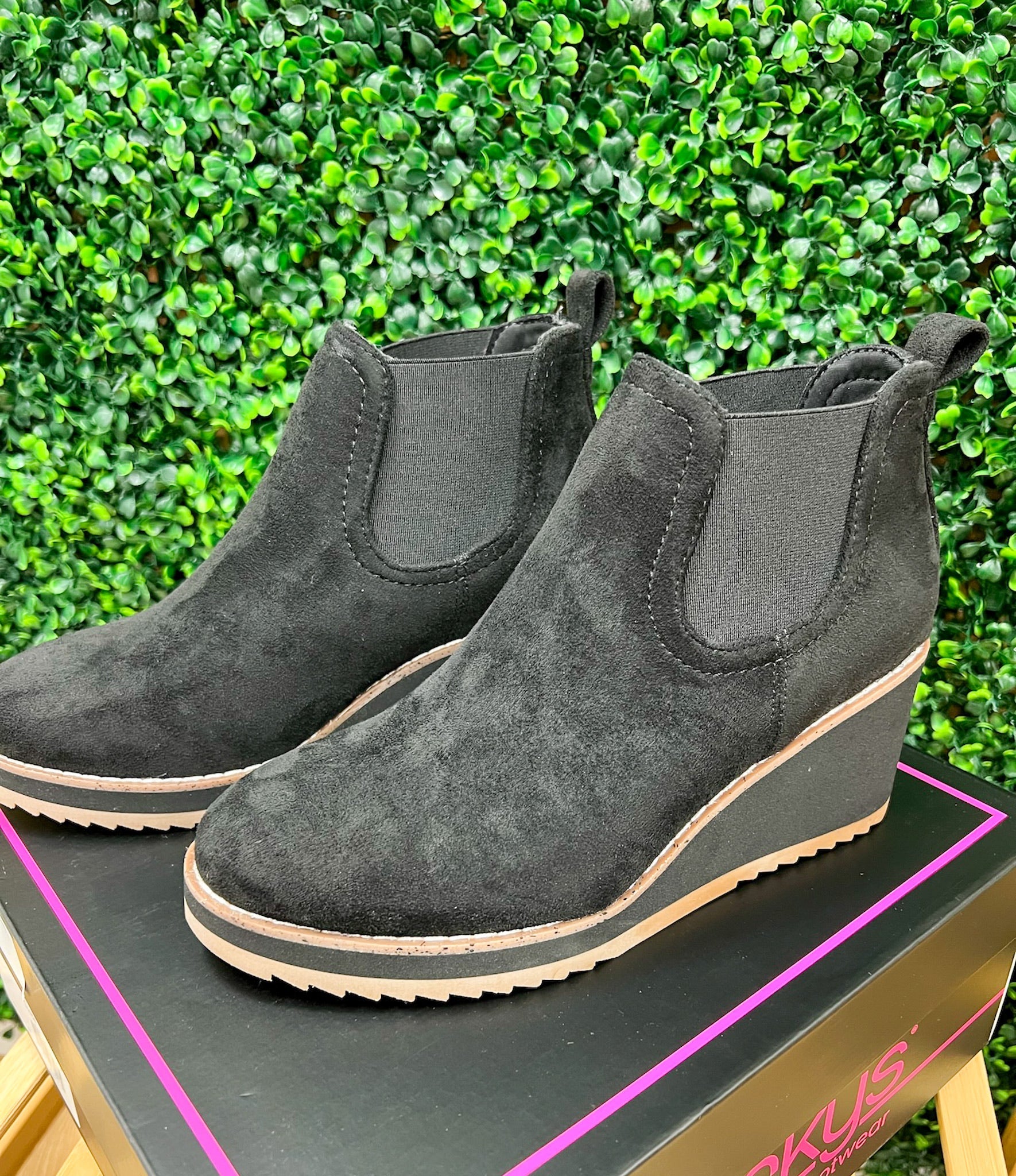 Corkys Love You A Latte Faux Black Suede Wedge Booties - A'Bekah's Boutique