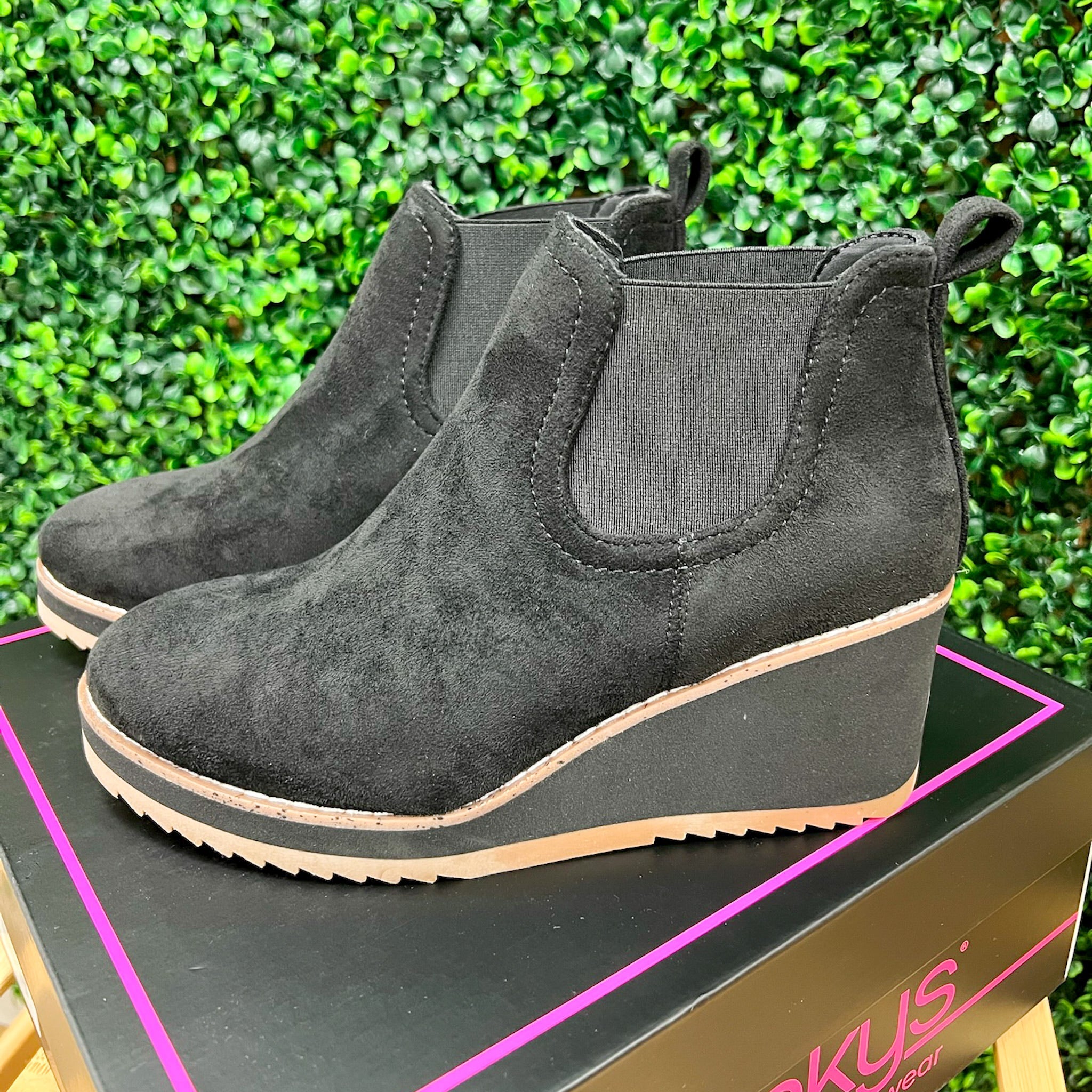Corkys Love You A Latte Faux Black Suede Wedge Booties - A'Bekah's Boutique