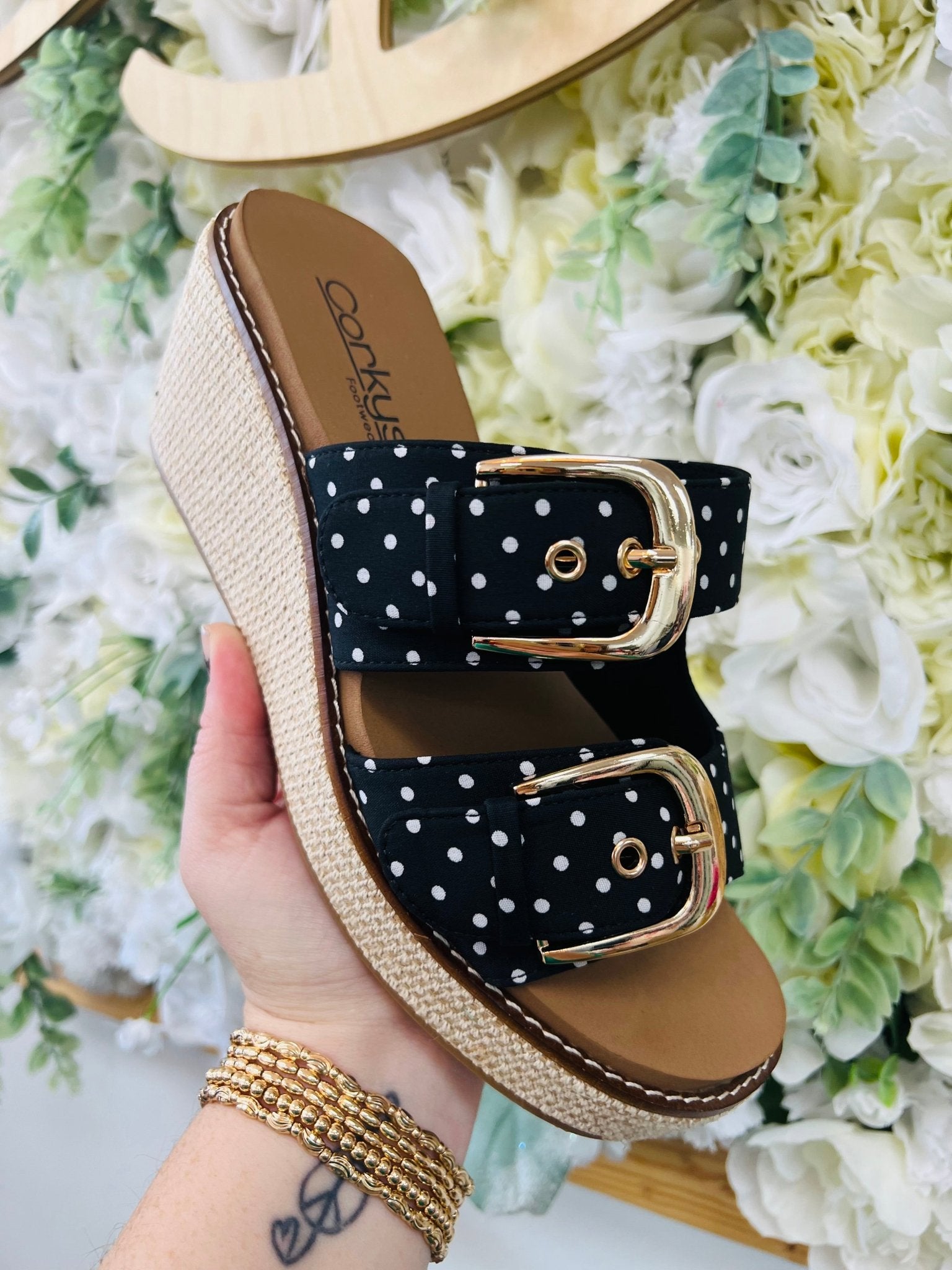 Corkys Manifest Black White Polka Dots Double Strap Wedges - A'Bekah's Boutique