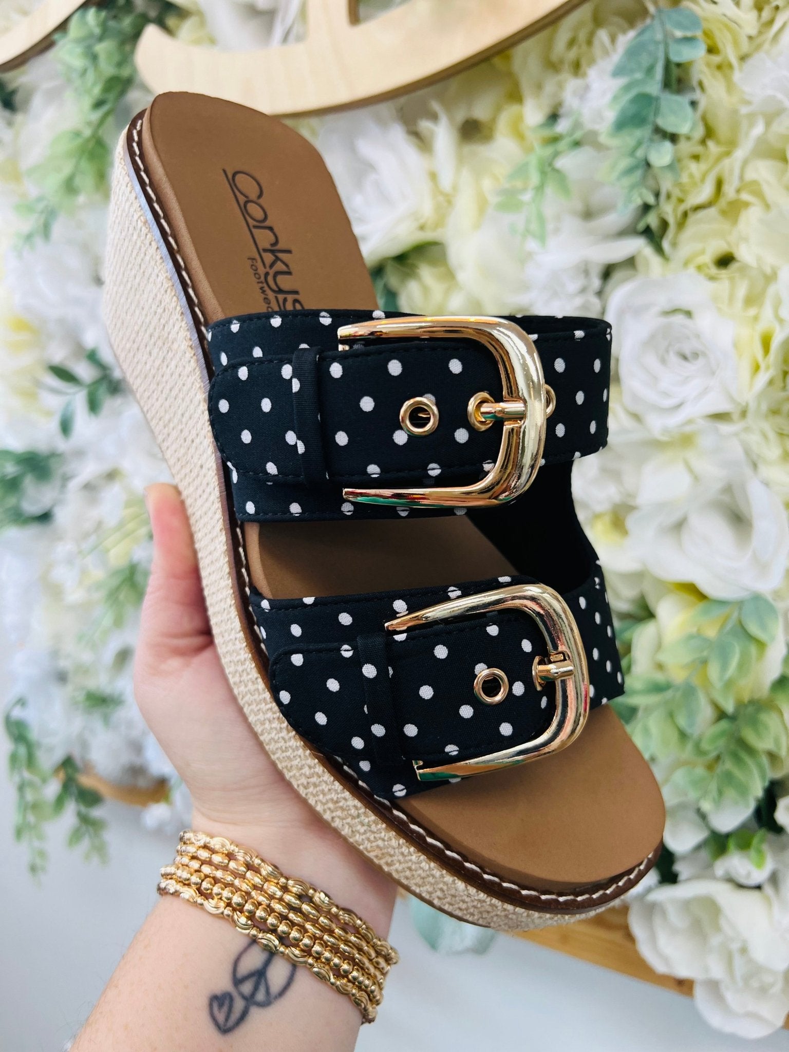 Corkys Manifest Black White Polka Dots Double Strap Wedges - A'Bekah's Boutique