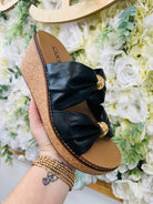 Corkys Miss Understood Black Double Ruched Strap Wedges - A'Bekah's Boutique