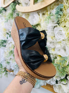 Corkys Miss Understood Black Double Ruched Strap Wedges - A'Bekah's Boutique