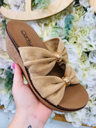 Corkys Miss Understood Camel Faux Suede Double Ruched Strap Wedges - A'Bekah's Boutique