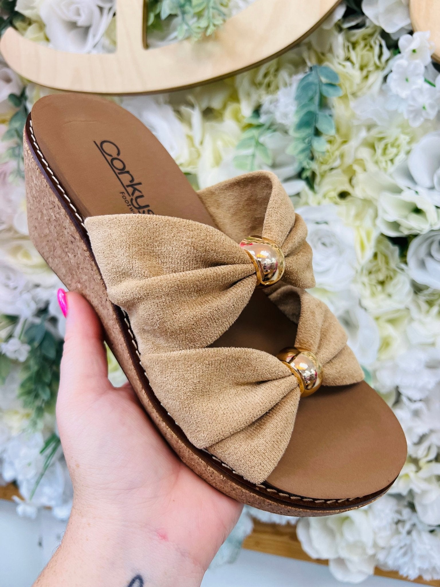 Corkys Miss Understood Camel Faux Suede Double Ruched Strap Wedges - A'Bekah's Boutique