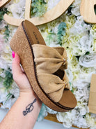 Corkys Miss Understood Camel Faux Suede Double Ruched Strap Wedges - A'Bekah's Boutique